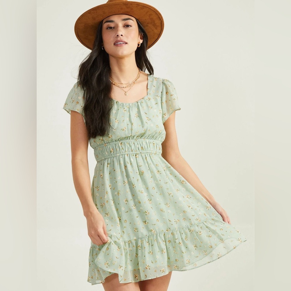 Altar’d State Camilla Floral Flutter Sleeve Mini Dress in Green